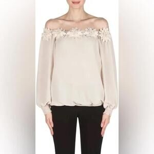 Joseph Ribkoff off shoulder floral champagne blouse Sequined Aplique Blouse  10